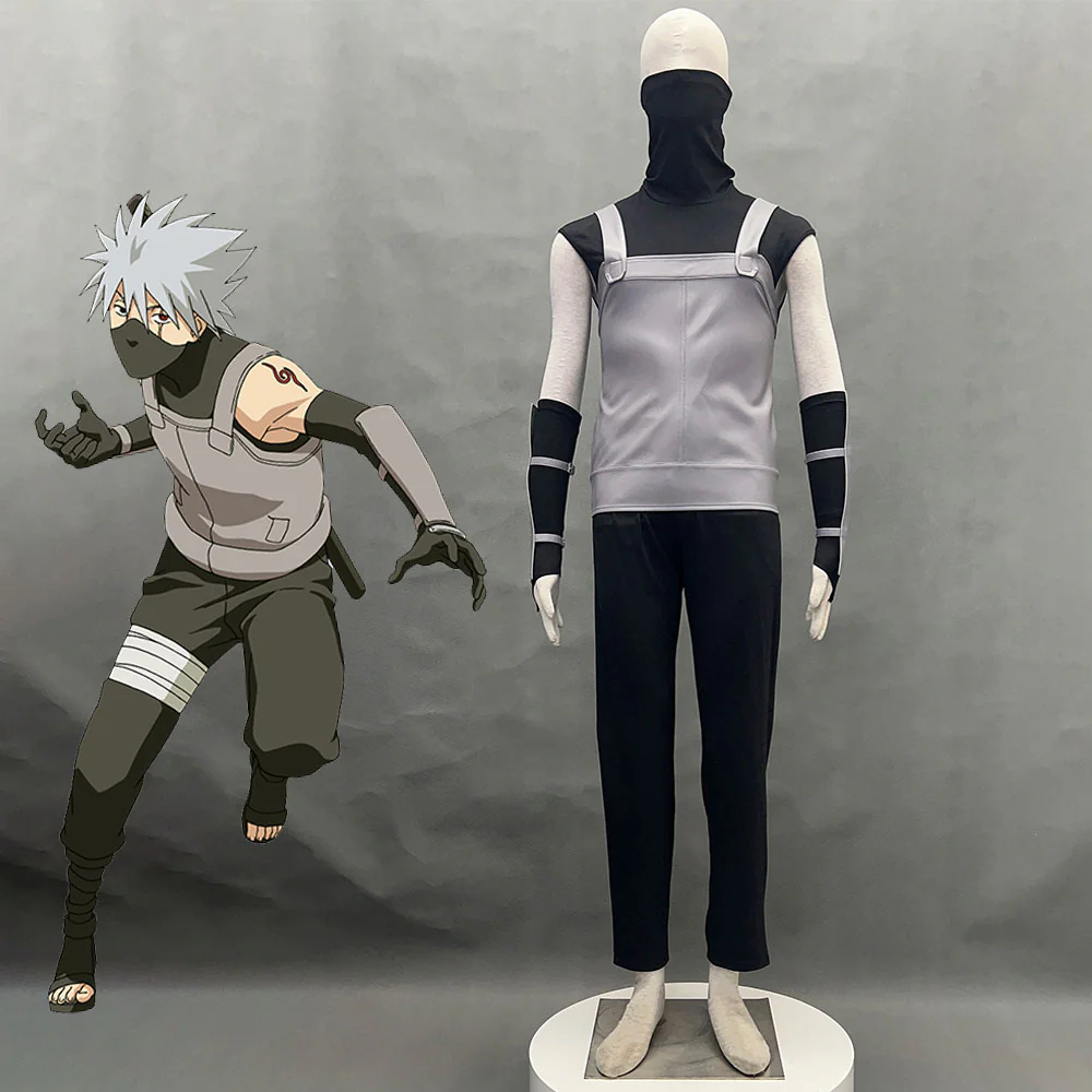 Anime Naruto Costume Hatake Kakashi Anbu Cosplay Mask Shirt Gray full Outfits with Accessories