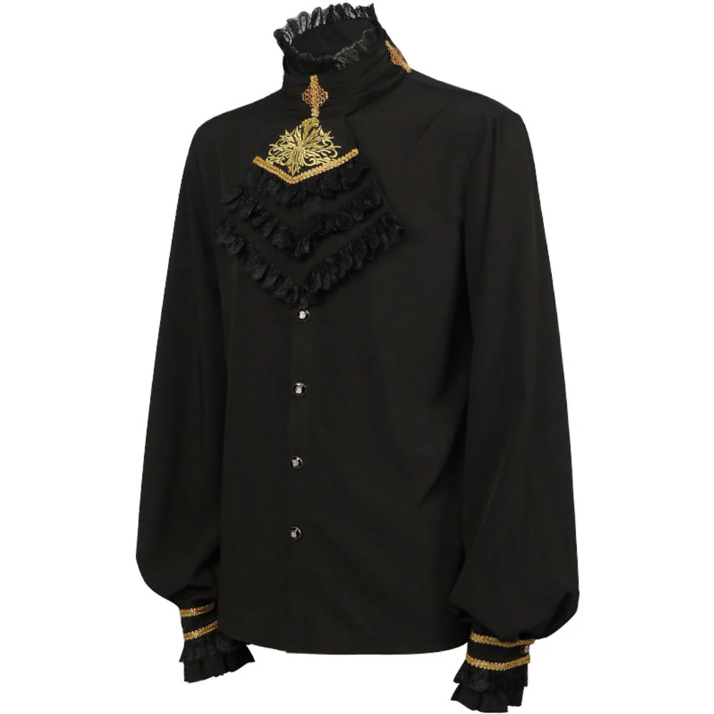 Halloween Costume Shirt Middle Age Gothic Vintage Pleated Tie Collar Shirt for Men - Image 3
