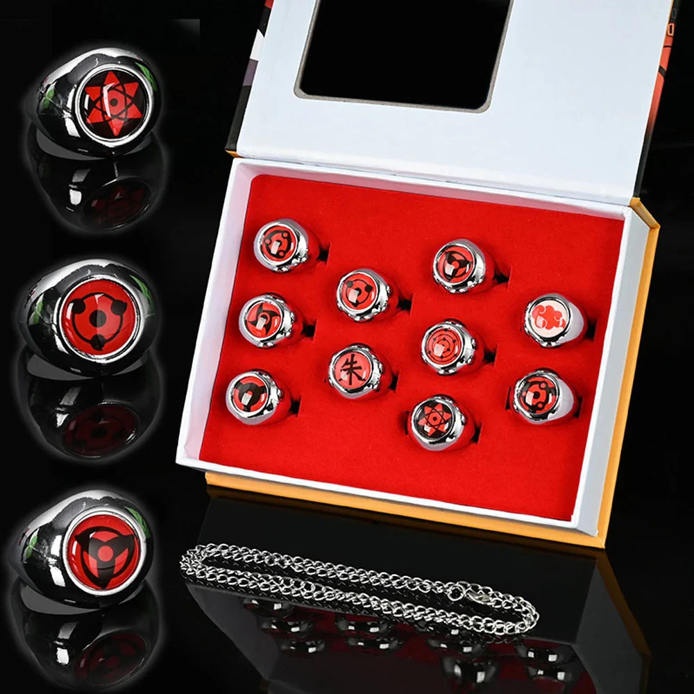 Naruto Costume Accessories The Sharingan 10 PCS Rings with Box Itachi Sasuke Obito Cosplay Rings