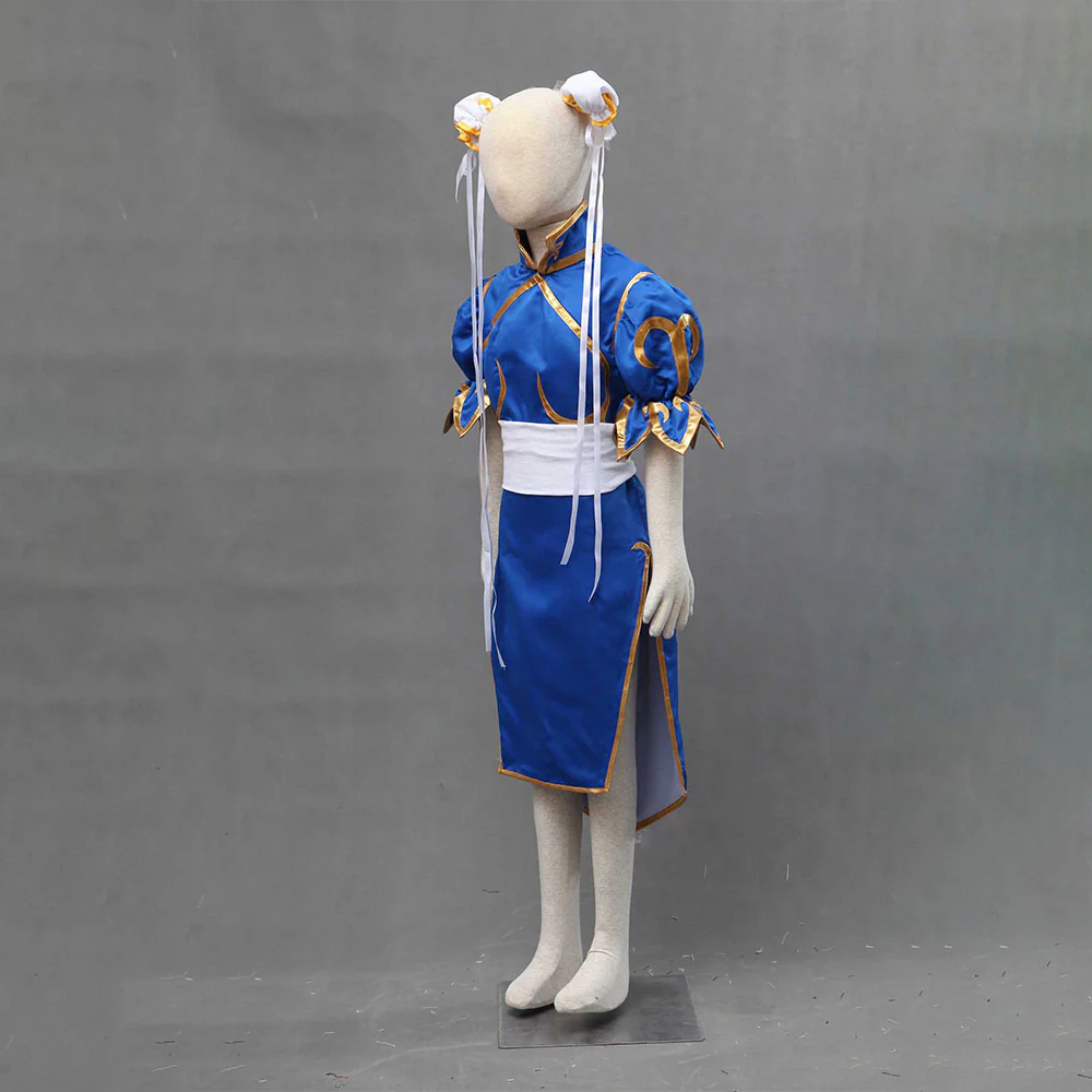 Street Fighter Costume Chun Li Cosplay Blue Dress with Accessories for Women and Kids - Image 3