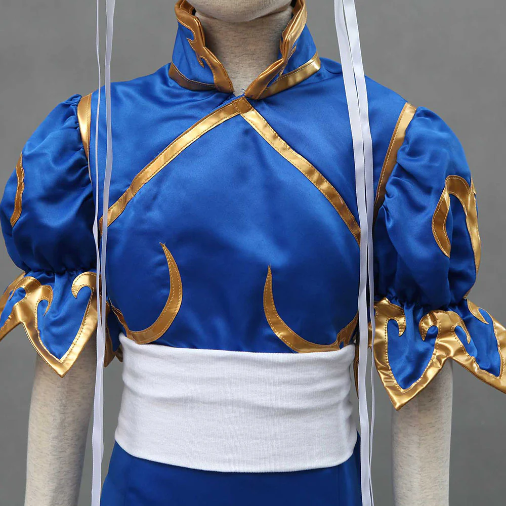 Street Fighter Costume Chun Li Cosplay Blue Dress with Accessories for Women and Kids - Image 7