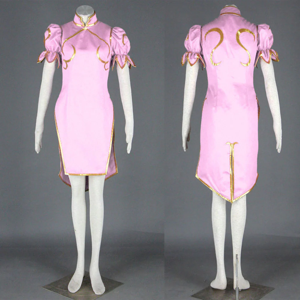 Street Fighter Costume Chun Li Cosplay Pink Dress with Accessories for Women and Kids - Image 5