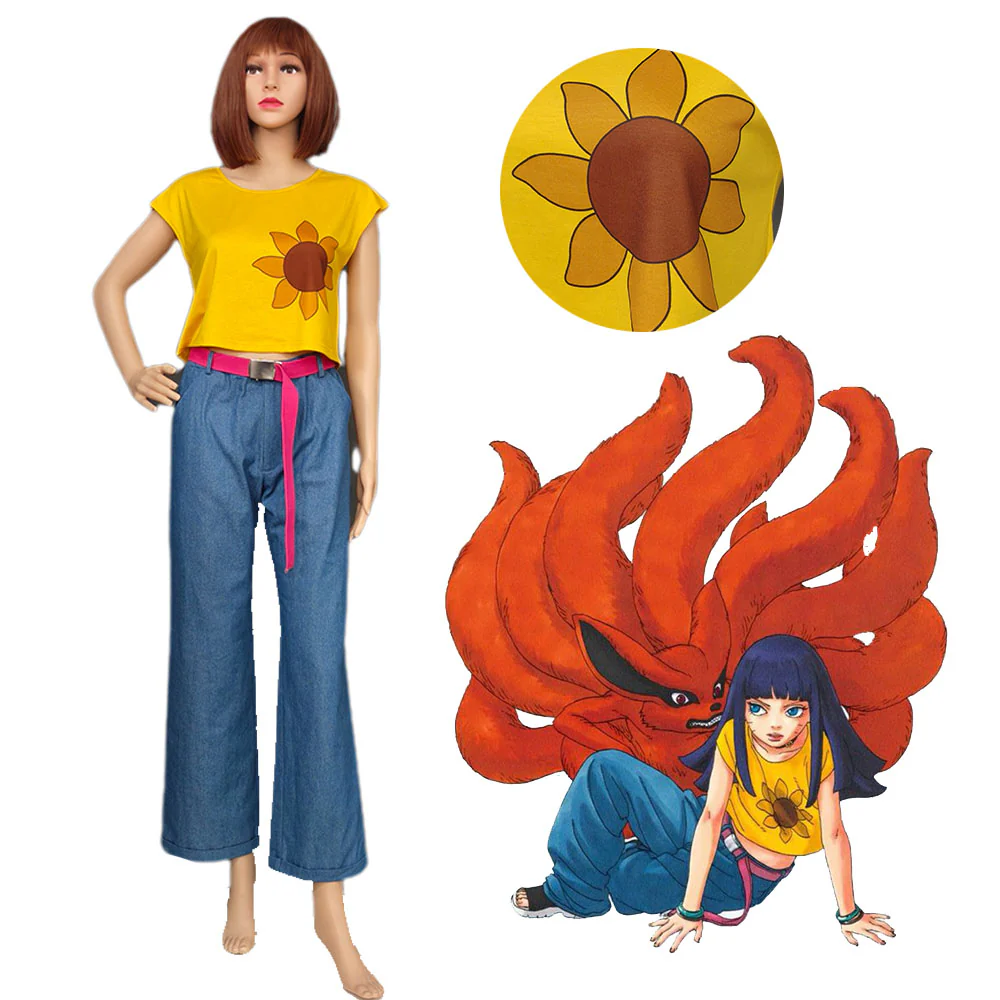 Women and Kids Naruto Boruto Costume Himawari Uzumaki Jeans Pants and T-shirt Halloween Cosplay Suit